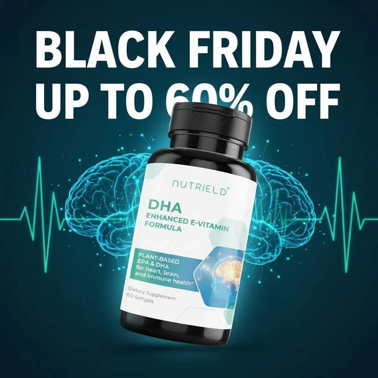NutriELD DHA Enhanced E-Vitamin supplement bottle with brain and heartbeat graphic, Black Friday sale up to 60% off