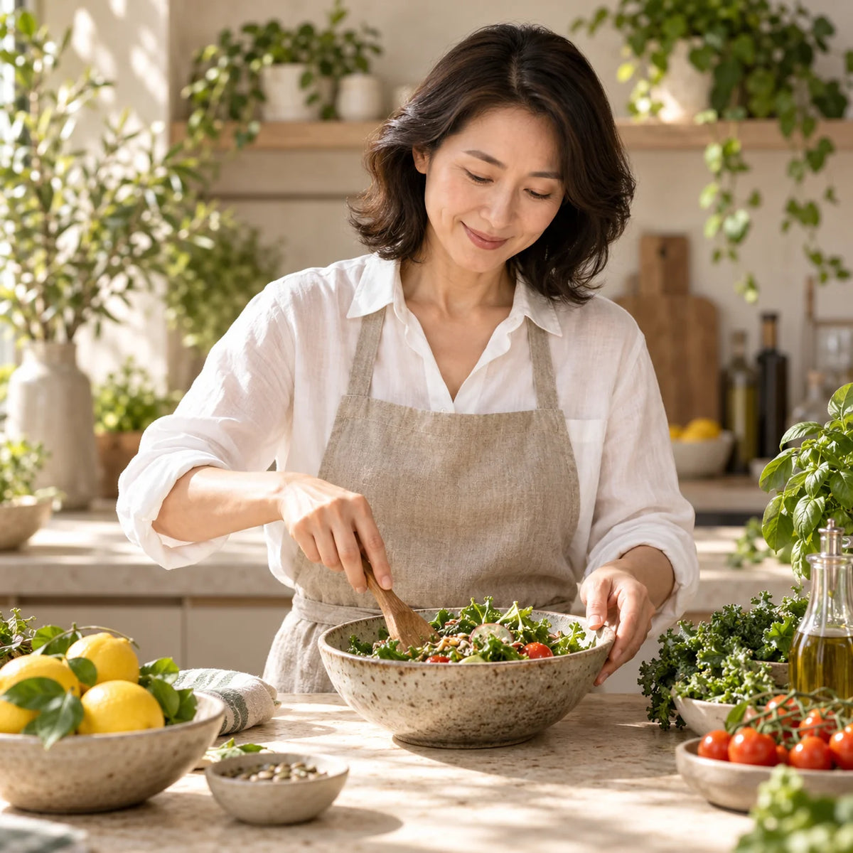 女性營養文章情境圖：華人女性在廚房準備蔬菜餐食