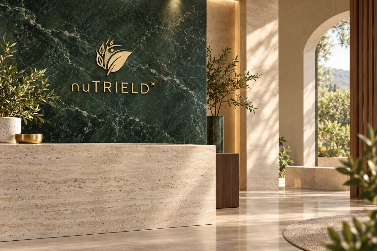 nuTRIELD® 品牌展館形象：綠色石材、金色品牌標誌與溫暖光線