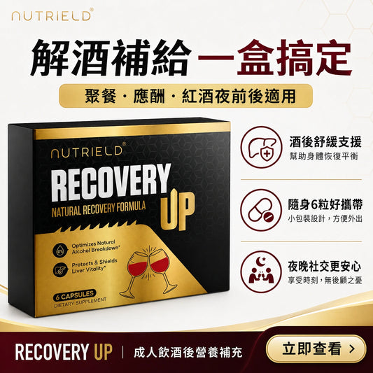 Recovery UP 解酒補給一盒搞定，6粒隨身小盒設計，方便外出聚餐與應酬時攜帶。